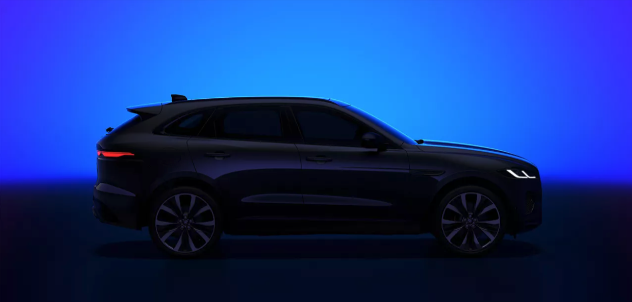 Side profile of the 2025 Jaguar F-PACE with its headlights and tail lights turned on Side profile of the 2025 Jaguar F-PACE with its headlights and tail lights turned on